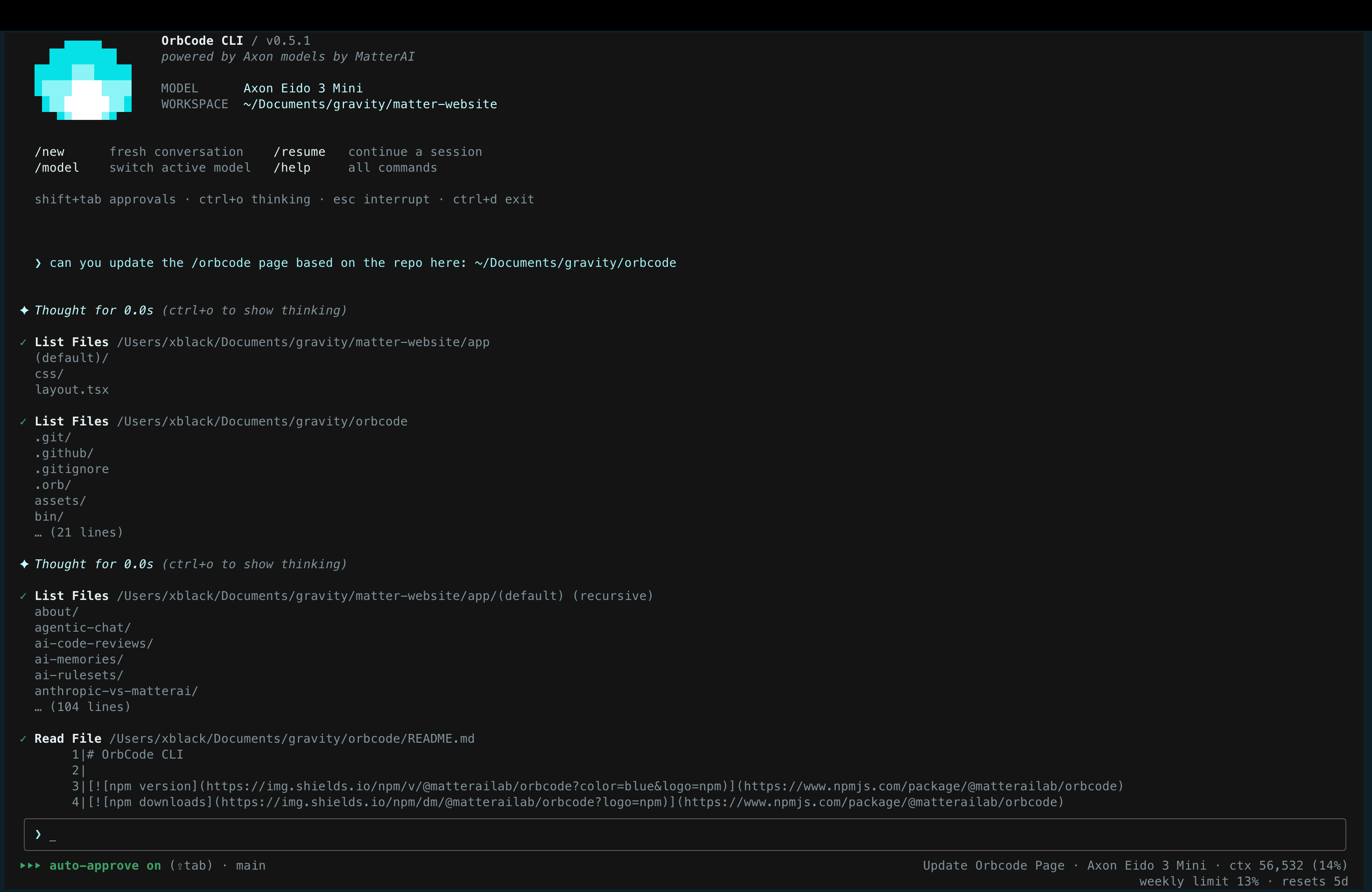 OrbCode CLI showing a streaming TUI session with live thinking, tool activity, and edit approval